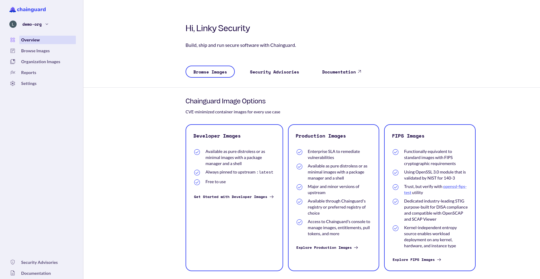 Screenshot showing the Chainguard Console&rsquo;s Overview page.